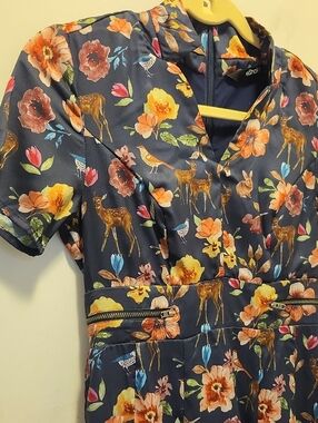 eShakti Woodland Print Dress Mini Size XS Fit & Flare Deer